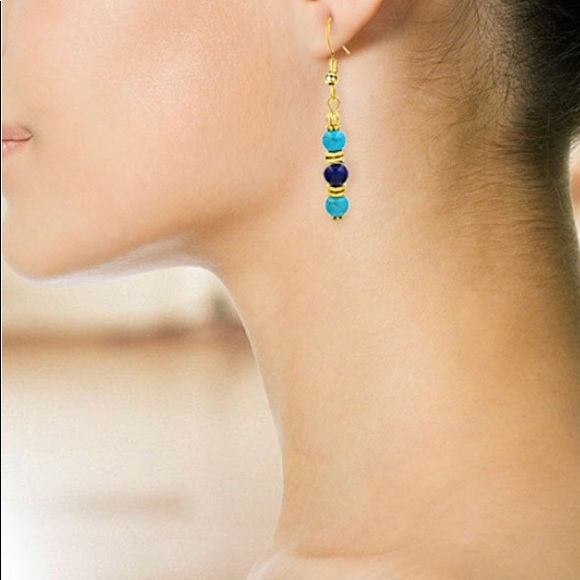 🔥 SALE! BNIP Genuine Lapis/Faux Turq. 14KGP Over Sterling Earrings - Picture 3 of 3